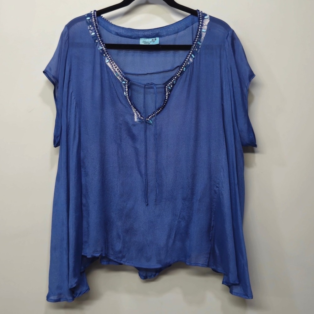 Letarte Handmade 100% Silk Shirt Top Large Blue Oversize Beaded Sheer Iridescent